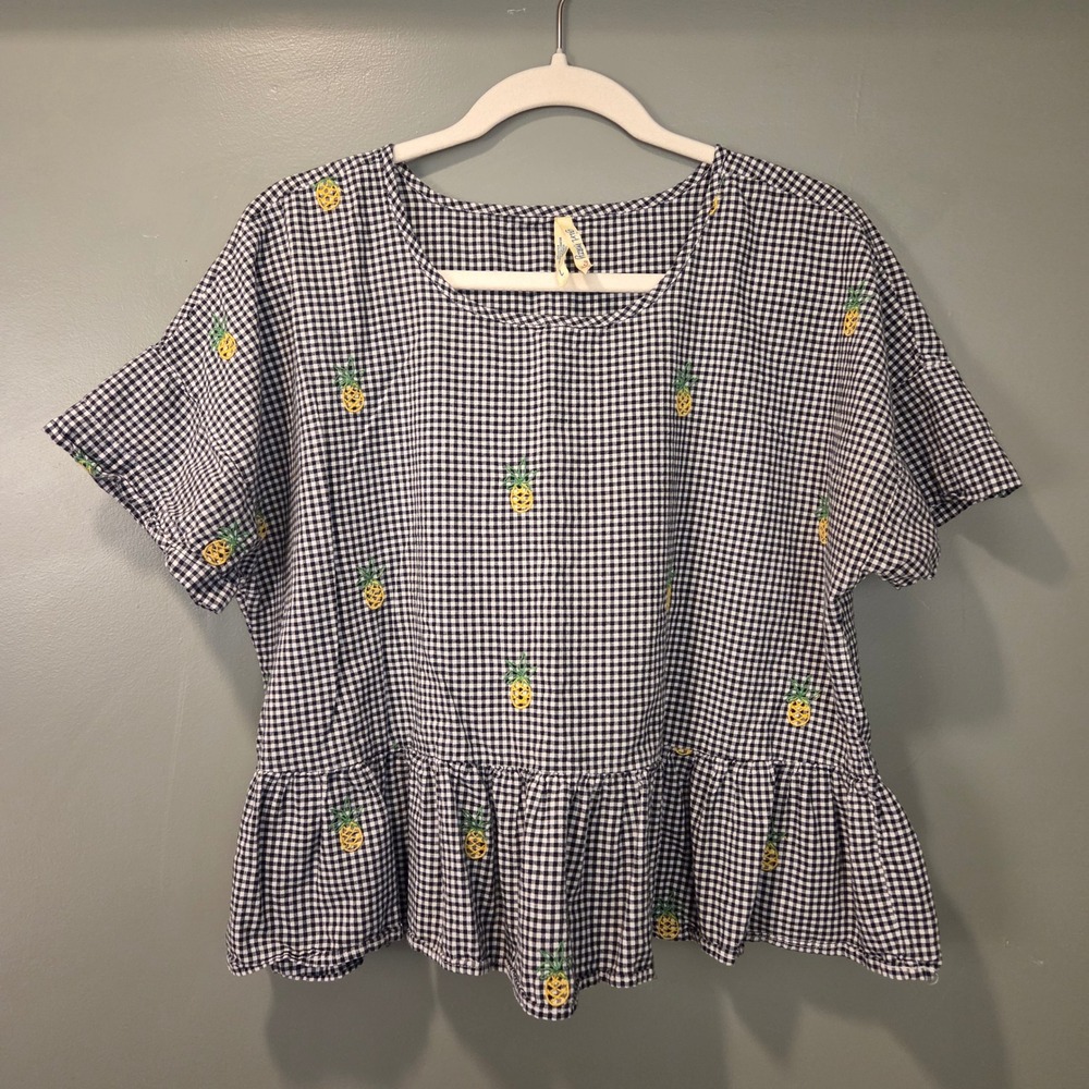 Girl Krazy Women's Pineapple Print Embroidered Gingham Peplum‎ Bouse, Size L